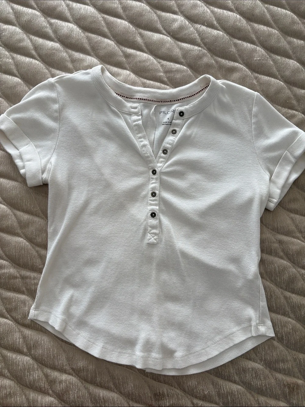 Pilcro White Short-Sleeve Henley Tee with Button Placket